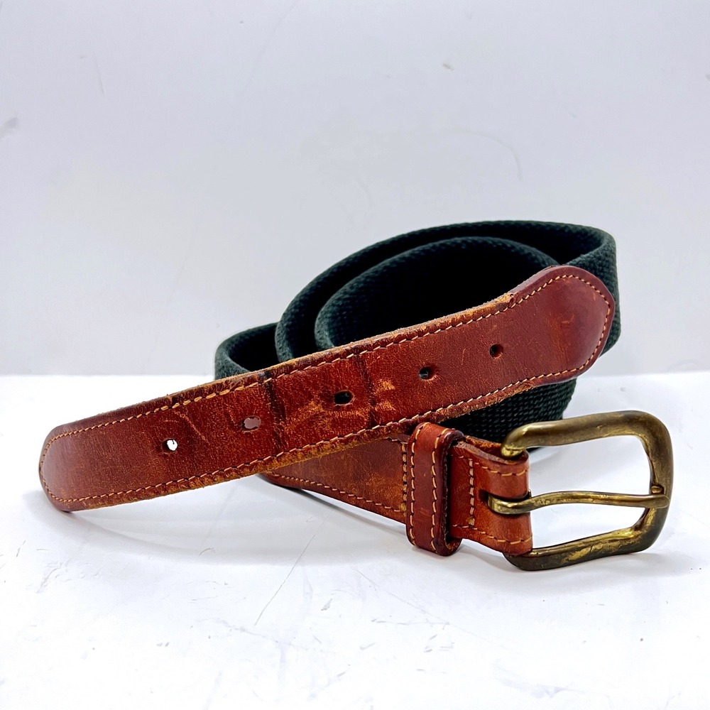 Vintage 90s Mens Green Canvas and Brown Leather Belt Brass Buckle USA Made